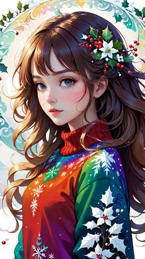 Grunge art gradient, abstract fantasy illustration featuring striking girl wearing a Christmas pullover, endearing Christmas character, immaculate facial features embraced by winter flowers, snowberries, superimposed on white background adorned with colorful arabesque, swirls, dainty and intricate details, double exposure technique creating mesmerizing composition imbued with mystery, intrigue, single spiral helix, fragmented, layered textures, ripple, shattered effects evoking illusion, disturbance, ephemerality, elusiveness,Realistic,xwhd