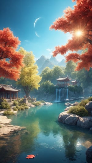 Masterpiece, best quality, (very detailed CG unified 8k wallpaper), (best quality), (best illustration), (best shadow), glowing elf with a glowing deer, drinking water in the pool, natural elements in forest theme. Mysterious forest, beautiful forest, nature, surrounded by flowers, delicate leaves and branches surrounded by fireflies (natural elements), (jungle theme), (leaves), (branches), (fireflies), (particle effects) and other 3D, Octane rendering, ray tracing, super detailed, alpine flowing water Xiaoqiao artistic conception beauty, there is a kind of sea and a hundred rivers with tolerance and great artistic conception, and landscape painting of Jiangnan water town. Red atmosphere, maple leaves, autumn, artistic conception, red lotus, lotus pond moonlight, autumn, pond --auto --s2,360 View