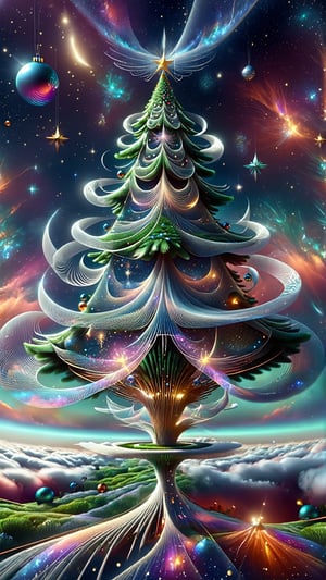 ((Fantasy illustration about Christmas Tree)), christmas, geometric patterns, levitating, flying, intricate, 3d, charming details. background of cosmic sky. Visually delightful.  ,DonMC0sm1cW3bXL,3D