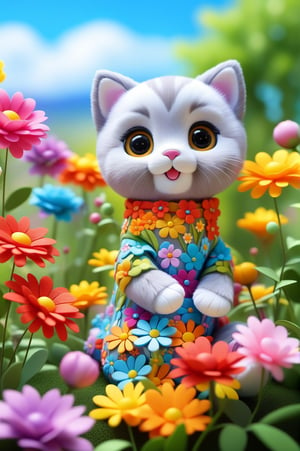 Imagine a doll made entirely of grey cotton in the shape of a kitten, cute and young, a new born one, without hair as it is a doll, 3/4 vision, pixar style, cute and happy character in a pose for a portrait, summer landscape, where all the flowers are colorful. Very colorful image but without saturation. Intricate art, 8k resolution, masterpiece, detailed background, handmade doll looking young and very cute cat (not a cat), depth of field, 3d style.,moonster