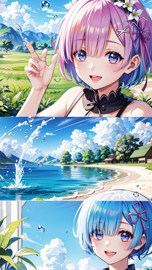 Rem , smiling, open mouth, water droplets, splash, playing in rever, sunny day ,sparkling, plants,  , close view, high quality, anime,nayutaren