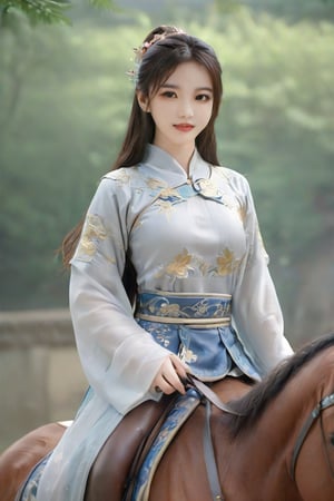 1 woman, on a horse, Taiwanese, tulle t-shirt, long riding breeches , 18 years old,  beautiful face, huge breasts, long straight hair,  smile, looking at the viewer,  (photorealistic, raw photo),Chinese_armor,Chinese clothing, HanFu