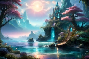 ocean,tropisl coast ,elven  fantasy art, cinema 4d, matte painting, polished, beautiful, colorful, intricate, eldritch, ethereal, vibrant, surrealism, surrealism, vray, nvdia ray tracing, cryengine, magical, 4k, 8k, masterpiece, crystal, romanticism -- Create a stunning landscape of an illuminated enchanted forest in the twilight. The painting should have a soft, ethereal lighting and vibrant pastel colors. The style should be realistic, resembling the works of Thomas Kinkade. Use oil on canvas as the medium, focusing on creating a high-definition scenic painting. in Brooding landscapes, epic scale, German myth, layered symbolic density