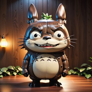 Super creepy caricature of Totoro in Pixar style, well-formed, wooden boy, really long nose, chibi, 3d rendered model, character design, cozy lighting, wealth of details, dark fantasy horror, octane render, style of Mad Magazine, Disney, Tim Burton, Mahesh Nambiar, 🏚️