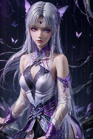 masterpiece,best quality,official art,extremely detailed CG unity 8k wallpaper,1girl, white hair, purple eyes, angry, frown, purple fire, cowboy shot, waterfall, butterfly, reflection, tree, light rays, caustics, light particles,  ,1 girl,ayaka_genshin,midjourney