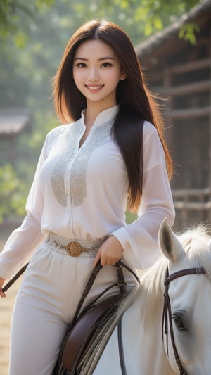 1 woman, Lead a horse,chinese_clothes, tulle t-shirt, long riding breeches , 18 years old,  beautiful face, huge breasts, long straight hair,  smile, looking at the viewer,  (photorealistic, raw photo),Wonder of Beauty,girl銆�,photo r3al