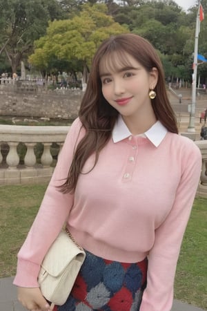 Create a beautiful spanish women, hourglass body shape, Brunette, pink lips, blue eyes, red knitted shirt and skirt, golden earrings,happy, smiling, background of amusment park.photo r3al,detailmaster2,aesthetic portrait,yua_mikami