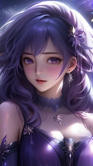 ((masterpiece:1.4)), ((best quality:1.4)), ((ultra_highres)), 8k, 1girl, purple_hair, glitters, super HD, dark, upper_body, purple dress, ultra_detailed, pixiv, trending on danbooru, ((anime style)), niji-5,photo r3al,xxmixgirl