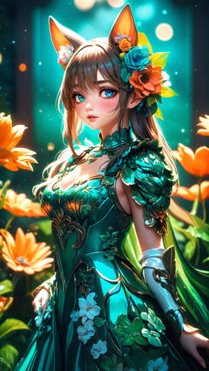 ultra hires, ultra detailed, masterpiece, best quality, woman, flower dress, colorful, darl background, flower armor, green theme, exposure blend, medium shot, bokeh, (hdr:1.4), high contrast, (cinematic, teal and orange:0.85), (muted colors, dim colors, soothing tones:1.3), low saturation,Animal ear