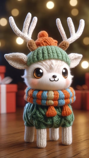 a detailed view photo of a chibi deer made of knitting,simple_night background,hyper detailed, trending on artstation, sharp focus, studio photo,8K,masterpiece,best quality,high resolution,aesthetic portrait,ral-chrcrts,christmas,sweetscape