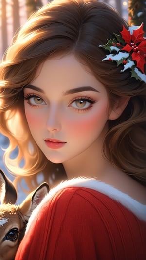 Sweet girl wearing a red sweater, hugging a deer, (best quality,4k,8k,highres,masterpiece:1.2),ultra-detailed,(realistic,photorealistic,photo-realistic:1.37),inner glowing shining,girl figure,transparent body,beautiful detailed eyes,beautiful detailed lips,extremely detailed eyes and face,long eyelashes,soft flowing hair,graceful pose,ethereal christmas atmosphere,soft ambient lighting,subtle color grading,sublime beauty,sublime beauty,ethereal christmas  background,captivating aura,magical scene,gentle mist,serene environment,surreal ambiance,impeccable composition,vivid colors,luminous glow,fantasy element,mysterious charm,dreamlike quality,hauntingly beautiful,peaceful expression,serene atmosphere,effortless elegance,enchanting allure,mesmerizing presence,sublime grace, sweet expression, tenderness transcendent beauty,Star and Sea, tenderness, candid expression, sweet pose,beautymix