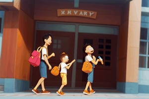 masterpiece, high quality, UHD, 1group of Vietnamese boy and girl kids, 6yo, in school uniform (white shirt), (((wearing bags))), are walking together to school, talking verry happilly, super detail face, pixar disney style,Enhance,One piece style