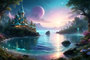 ocean,tropisl coast ,elven  fantasy art, cinema 4d, matte painting, polished, beautiful, colorful, intricate, eldritch, ethereal, vibrant, surrealism, surrealism, vray, nvdia ray tracing, cryengine, magical, 4k, 8k, masterpiece, crystal, romanticism -- Create a stunning landscape of an illuminated enchanted forest in the twilight. The painting should have a soft, ethereal lighting and vibrant pastel colors. The style should be realistic, resembling the works of Thomas Kinkade. Use oil on canvas as the medium, focusing on creating a high-definition scenic painting. in Brooding landscapes, epic scale, German myth, layered symbolic density,360 View,DonMCyb3rSp4c3XL,omatsuri