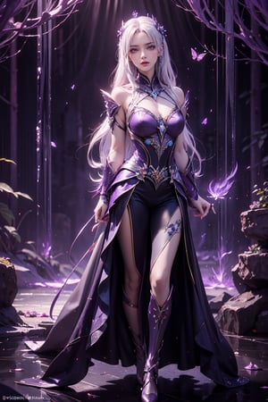 masterpiece,best quality,official art,extremely detailed CG unity 8k wallpaper,1girl, white hair, purple eyes, angry, frown, purple fire, cowboy shot, waterfall, butterfly, reflection, tree, light rays, caustics, light particles,  ,1 girl,ayaka_genshin,midjourney,wonder beauty ,dream_girl,ventidef,GdClth