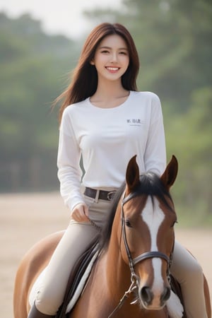 1 woman, on a horse, Taiwanese, tulle t-shirt, long riding breeches , 18 years old,  beautiful face, huge breasts, long straight hair,  smile, looking at the viewer,  (photorealistic, raw photo)