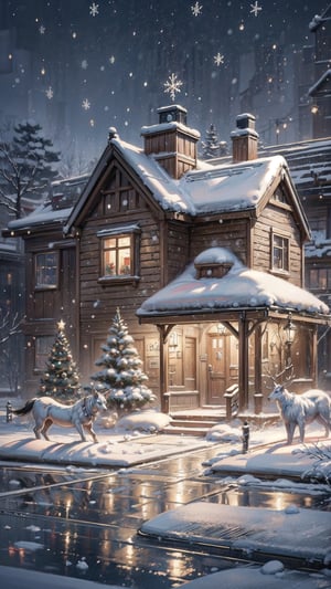 (, Masterpiece, hyper detailed,),beautiful house in Christmas California,snow,  Christmas decorations,lights and elc, detailed anime style. ,photorealistic