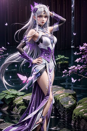 masterpiece,best quality,official art,extremely detailed CG unity 8k wallpaper,1girl, white hair, purple eyes, angry, frown, purple fire, cowboy shot, waterfall, butterfly, reflection, tree, light rays, caustics, light particles,  ,1 girl,ayaka_genshin,midjourney,wonder beauty 