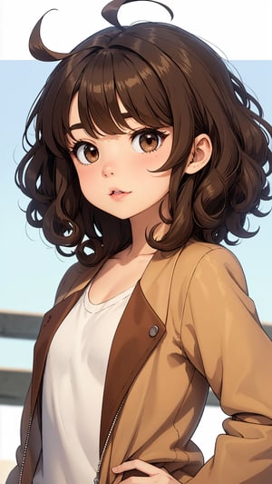 1girl, light brown hair, black eyes, hair intakes, ahoge, chubby, medium hair, curly hair, petite, hairpin, brown jacket