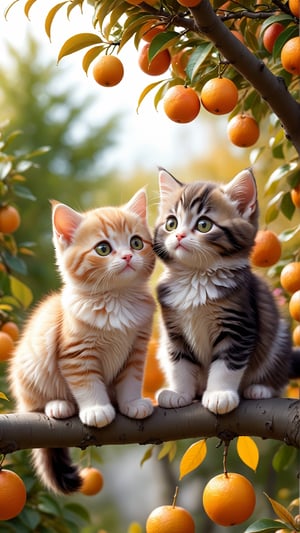 Side view shot, Turn around and look ahead, Two cute little fluffy fat kittens wearing pink coat sit down on the orange tree branch and Picking oranges from the treeand smiled happily, Autumn style, realistic high quality orange tree, oranges full the branch, maple leaves falling, big eyes so cute and beautiful, under the tree have a table, and apples and beautiful flowers, maple leaves falling, orange near flowers, Turn around and look viewers , pink flowers blooming fantastic amazing and romantic lighting bokeh, yellow flowers blooming realistic and green plants amazing tale and lighting as background, Xxmix_Catecat