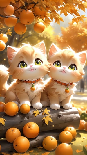 Side view shot, Turn around and look ahead, Two cute little fluffy fat kittens wearing pink coat sit down on the orange tree branch and Picking oranges from the treeand smiled happily, Autumn style, realistic high quality orange tree, oranges full the branch, maple leaves falling, big eyes so cute and beautiful, under the tree have a table, and apples and beautiful flowers, maple leaves falling, orange near flowers, Turn around and look viewers , pink flowers blooming fantastic amazing and romantic lighting bokeh, yellow flowers blooming realistic and green plants amazing tale and lighting as background, Xxmix_Catecat