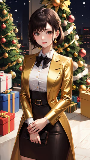 1 women, (formal suits, colour gold)( Christmas theme),Masterpiece,mecha