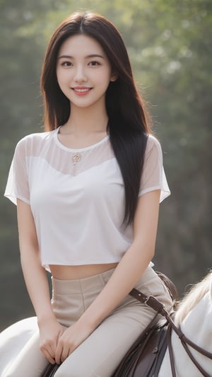1 woman, on a horse, chinese_clothes, tulle t-shirt, long riding breeches , 18 years old,  beautiful face, huge breasts, long straight hair,  smile, looking at the viewer,  (photorealistic, raw photo)