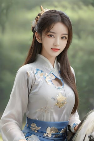 1 woman, on a horse, Taiwanese, tulle t-shirt, long riding breeches , 18 years old,  beautiful face, huge breasts, long straight hair,  smile, looking at the viewer,  (photorealistic, raw photo),Chinese_armor,Chinese clothing, HanFu