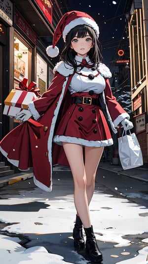 ((Masterpiece)), ((Ultra Best quality)), Photorealistic, 8k raw photo, ((Hyperdetailed)),
((small Round Boobs)), (beautiful bottom), detailed, perfect body,
A young woman is wearing (a Santa Claus costume). She has a red coat and mini skirt ,a red hat with a white fur pom-pom, white gloves, a black belt, 
She  is walking in the city of christmas lights, carrying a bag full of presents, in the evening, snowing