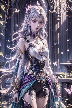 masterpiece,best quality,official art,extremely detailed CG unity 8k wallpaper,1girl, white hair, purple eyes, angry, frown, purple fire, cowboy shot, waterfall, butterfly, reflection, tree, light rays, caustics, light particles,  ,1 girl,ayaka_genshin,midjourney,wonder beauty ,dream_girl,ventidef,GdClth