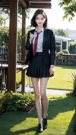 (masterpiece), best quality, high resolution, highly detailed, detailed background, perfect lighting, 1girl solo, bangs, korean girl, 20 yo, highres, solo, garden, sunset,black hair, short hair, water,eye smile,lips smile,{beautiful and detailed eyes},calm expression,slim body,medium natural breast, glamor,full_body, yoona, school uniform, short skirt, standing,
unbutton shirt,keqingdef