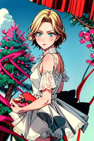 (masterpiece), (detailed eyes), (highly detailed),Xmas,Xmas tree,a girl giving a Xmas gift,blond short hair, blue eyes,handsome little boy, cool face, white lace open tunic,bright garden full of flowers,look back,blink,cowboy shot,daytime sky,
