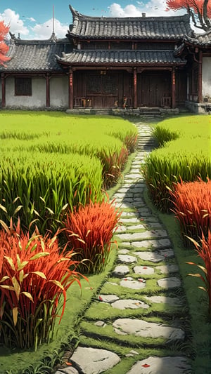 Beautiful ((isekai fantasy)) landscape of field, autumn, dog's tail grass in the ground, one chinese house in the corner, Narashige Koide, Anthropological science fiction, matte painting, cloisonnism, Instagram, asashina, Manga, leaf is falling,zhibi,w00len,ral-chrcrts,DonMPl4sm4T3chXL ,greg rutkowski,woodcute,Chinese_armor