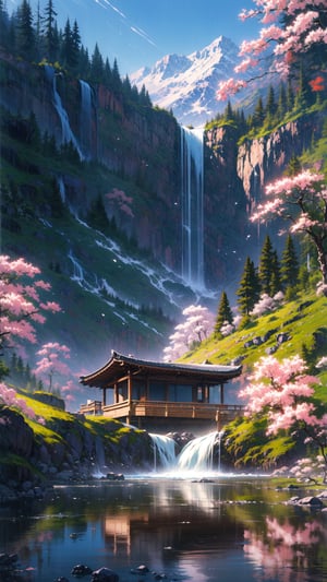 (best quality), (high resolution), (4k resolution), The image is a digital painting of a serene and beautiful landscape. It captures the tranquility of a waterfall cascading down a mountain in the background, with a stone bridge in the foreground. Traditional Japanese buildings, with their characteristic wooden roofs, nestle amidst pink cherry blossom trees, adding a touch of cultural charm. The painting is vertical, lending a sense of depth to the scene. The soft color palette and the peaceful mood of the image evoke a sense of calm and harmony. This artwork is a testament to the beauty of nature and traditional architecture, seamlessly blending them into a captivating visual narrative.,sle