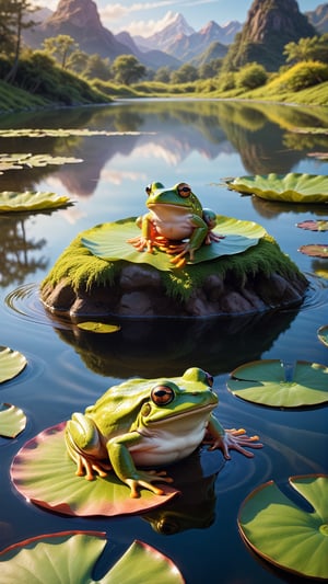Picture a serene pond adorned with a beautiful lotus leaf, and perched upon it, a colorful biometrical glowing frog. Envision the vivid hues and radiant glow of this enchanting creature against the backdrop of the tranquil water. This prompt invites artists to create a captivating and visually stunning image, capturing the beauty of the biometrically enhanced frog in a picturesque pond setting. Let the composition radiate a sense of wonder, blending the natural world with biometric magic in a mesmerizing scene.