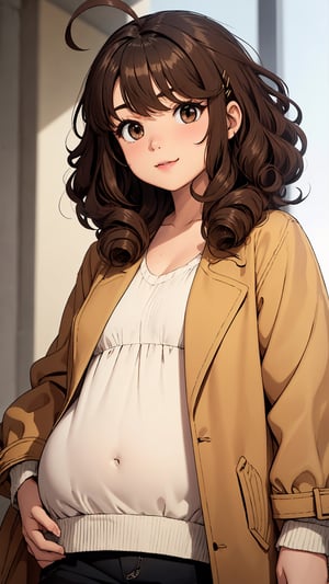 1girl, light brown hair, black eyes, hair intakes, ahoge, chubby, medium hair, curly hair, petite, hairpin, brown jacket