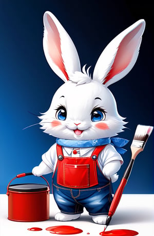 Masterpiece, (anime style), best quality, best details, hires, 16K, mascot, (a white rabbit who is a painter), blue eyes, elegant smile, (a denim overalls), (red blouse underneath), (apron with the text:"TenTen"), red painter's hat, painter's scarf around his neck, black glasses, ((hand1 holding a (tech brush)):1.2, ((hand2 holding a (tech color palette)):1.2, (Chibi style), animal, (blue background),dripping paint
