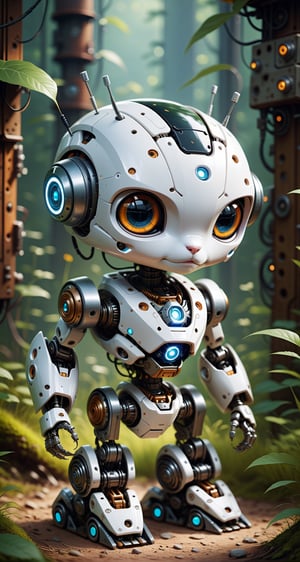 Create a prompt for a charming little creature adorned with robotic and cybernetic parts. Picture its cute demeanor, expressive features, and the integration of beautiful robotic elements. Set this delightful character against a captivating background that complements the blend of nature and technology