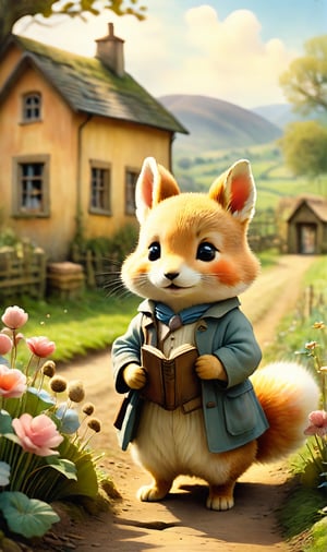 cinematic still Beatrix Potter style watercolor. Chibi style, they are in a rural school, a landscape of pastel colors, emotional, harmonious, vignette, highly detailed, high budget, bokeh, cinemascope, moody, epic, gorgeous, film grain, grainy, detailmaster2, Leonardo Style,kitsune,360 View