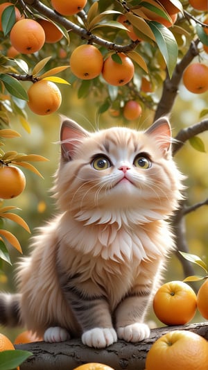 Side view shot, Turn around and look ahead, Two cute little fluffy fat kittens wearing pink coat sit down on the orange tree branch and Picking oranges from the treeand smiled happily, Autumn style, realistic high quality orange tree, oranges full the branch, maple leaves falling, big eyes so cute and beautiful, under the tree have a table, and apples and beautiful flowers, maple leaves falling, orange near flowers, Turn around and look viewers , pink flowers blooming fantastic amazing and romantic lighting bokeh, yellow flowers blooming realistic and green plants amazing tale and lighting as background, Xxmix_Catecat