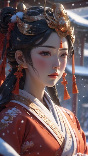 8k, heavy snow , super quality anime, amazing background, amazing lighting, lightning, close up of face, Tang Dynasty Princess, wears kimono wedding ,Clay animation