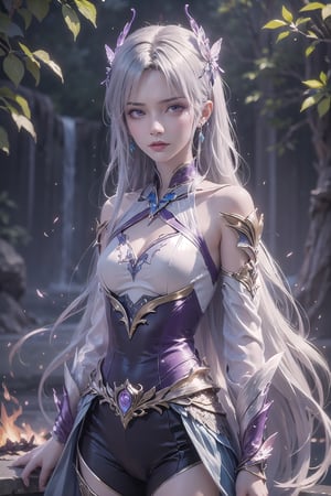 masterpiece,best quality,official art,extremely detailed CG unity 8k wallpaper,1girl, white hair, purple eyes, angry, frown, purple fire, cowboy shot, waterfall, butterfly, reflection, tree, light rays, caustics, light particles,  ,1 girl,ayaka_genshin,midjourney,wonder beauty ,dream_girl,ventidef,GdClth