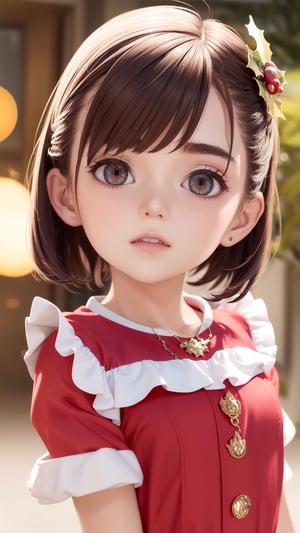 ((1girl, 6year old girl:1.5)), ((Portrait)),loli, petite girl,  whole body, children's body, beautiful shining body, bangs,((darkbrown hair:1.3)),high eyes,(aquamarine eyes), petite,tall eyes, beautiful girl with fine details, Beautiful and delicate eyes, detailed face, Beautiful eyes,natural light,((realism: 1.2 )), dynamic far view shot,cinematic lighting, perfect composition, by sumic.mic, ultra detailed, official art, masterpiece, (best quality:1.3), reflections, extremely detailed cg unity 8k wallpaper, detailed background, masterpiece, best quality , (masterpiece), (best quality:1.4), (ultra highres:1.2), (hyperrealistic:1.4), (photorealistic:1.2), best quality, high quality, highres, detail enhancement, ((very short hair:1.4)),
((tareme,animated eyes, big eyes,droopy eyes:1.2)),((random expression)),,random Angle,((santa costume:1.4)),((thick eyebrows:1.1)),perfect,((manga like visual)),((christmas decorations)),perfect light,white fur,facial_mark, neon_palette, shaped_highlights, ((bokeh background, blurry background)), night time, night sky, (city light), horizontal angle, looking away, perfect anatomy, colorful hair clip, many hair clips, christmas theme,brown eyes