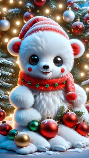 a white teddy bear sitting next to a christmas tree, an airbrush painting, by Dechko Uzunov, trending on reddit, 🎀 🧟 🍓 🧚, winter setting, avatar image, beautiful and cute, ( 3 1, cute and lovely, 2 0, winter, color picture, 3 1,ral-chrcrts