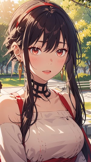 (masterpiece,  best quality), upper body,  light rays,  day,  looking at viewer,  1girl,  depth of field, YorForger, red eyes,  bangs,  (white hairband:1.3),  long hair,  earrings,  red dress,  red off-shoulder sweater,  sweater,  bare neck,  red skirt,  pencil skirt,  pantyhose,  bare shoulder,  long sleeves,  open mouth,  outdoors,  park,  trees, sweater dress, , , ,YorForger