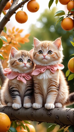 Side view shot, Turn around and look ahead, Two cute little fluffy fat kittens wearing pink coat sit down on the orange tree branch and Picking oranges from the treeand smiled happily, Autumn style, realistic high quality orange tree, oranges full the branch, maple leaves falling, big eyes so cute and beautiful, under the tree have a table, and apples and beautiful flowers, maple leaves falling, orange near flowers, Turn around and look viewers , pink flowers blooming fantastic amazing and romantic lighting bokeh, yellow flowers blooming realistic and green plants amazing tale and lighting as background, Xxmix_Catecat