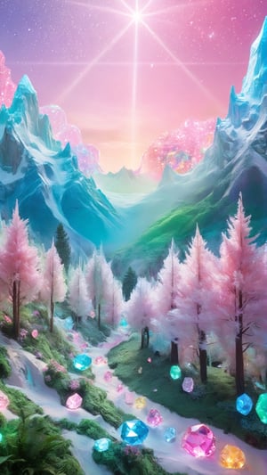 (fluorescent colors:1.4),(translucent:1.4),(retro filters:1.4), (fantasy:1.4),candy world Disney land ethereal soft fluffy soft landscape forest snowavatar Pastel pink sky green blue sparkle ethereal light pastel whimsical light rainbow stars diamonds sparkle gemstone background hyper realistic Ultra quality cinematic lighting immense detail Full hd painting Well lit,fashion_girl