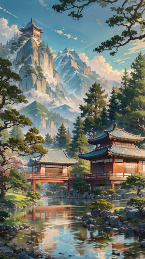 Masterpiece, best quality, ultra-detailed, (no humans: 1.5), distant mountains, ancient Chinese buildings, structurally intact wooden bridges, rivers, boulders, soft natural sunlight, mixed Chinese landscape style elements,japanese_garden_background