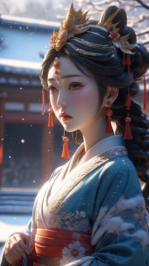 8k, heavy snow , super quality anime, amazing background, amazing lighting, lightning, close up of face, Tang Dynasty Princess, wears kimono wedding ,Clay animation