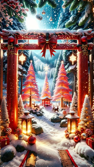 skptheme,
"Create a visually stunning image through stable diffusion, capturing the ethereal essence of a Christmas-themed torii gate adorned with dazzling illumination. Emphasize the divine radiance and intricate details, portraying a harmonious blend of festive lights and sacred elegance,christmas