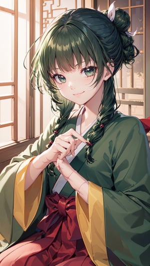 deformed Anime Style,full body,beautiful little girl,12 years old,smirk,
masterpiece, best quality, highres, 1girl hair ribbon hair ornament, hanfu green shirt wide sleeves red skirt long skirt , smirk, indoors, east asian architecture,1girl ((hair ribbon hair ornament,bun)),((Portrait)),1girl,maomao,((Dark green hair:1.4)),
shangfu,lady in waiting,jinshi,freckles,masterpiece